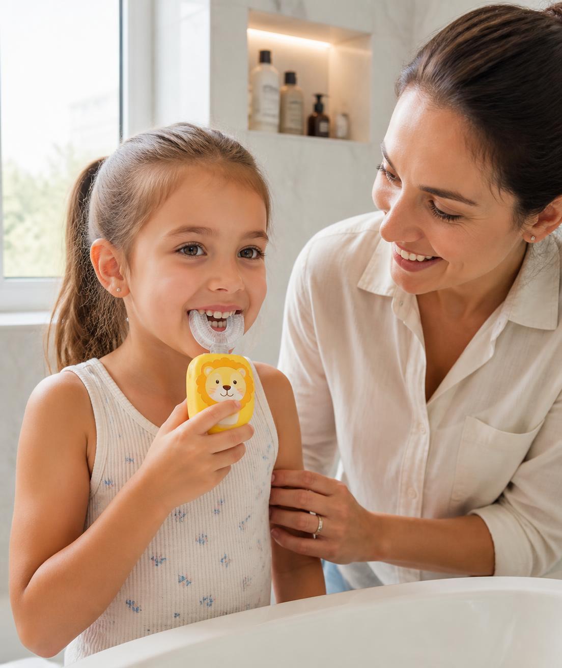 A parent standing beside their child, helping guide the Kids 360° Sonic Brush during a morning routine
