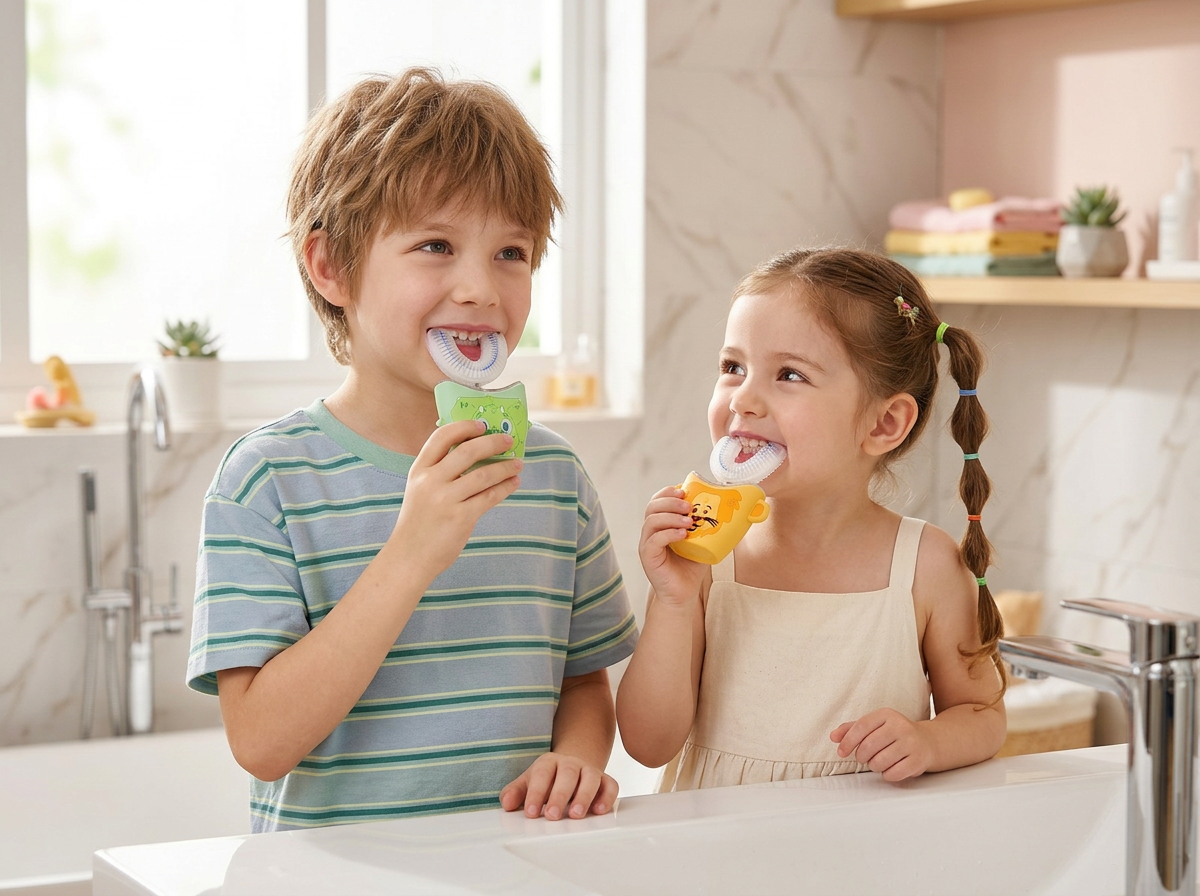 Two siblings brushing side by side at a bathroom vanity, each with their own Kids 360° Sonic Brush